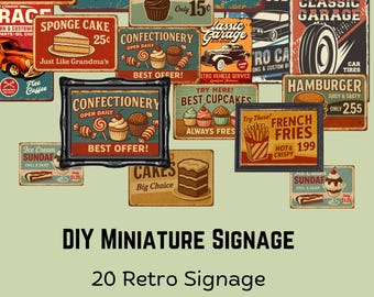DIY Miniature Signage. 20 Retro Signage 1 to 12 and 1 to24 Scale. 5 sizes with a template frame to suit. Printable Version