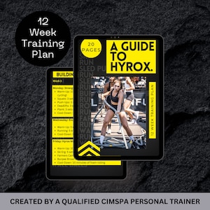 May include: A yellow and black guide to Hyrox, a fitness competition. The guide is 12 weeks long and includes a training plan. The cover features a woman pulling a rope during a workout.