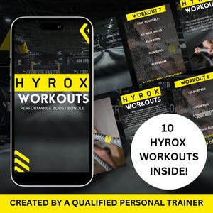 Pode incluir: Uma tela de telefone preta e amarela exibindo um produto digital chamado "HYROX Workouts: Performance Boost Bundle". O telefone está em uma superfície preta com um design listrado amarelo e preto. A imagem também mostra um close-up de uma corda e algumas páginas do produto digital, que inclui rotinas de treino e descrições.