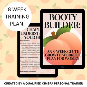 以下が含まれることがあります： 女性向けの8週間の臀筋成長ワークアウトプランが表示されたデジタルタブレット。タブレットのタイトルは「Booty Builder: 8週間の臀筋成長ワークアウトプラン」。背景は桃色です。