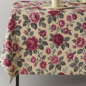 May include: A beige tablecloth with a repeating floral pattern of burgundy roses, gray leaves, and small blue flowers. The tablecloth is draped over a table, with two cream-colored mugs and saucers visible.