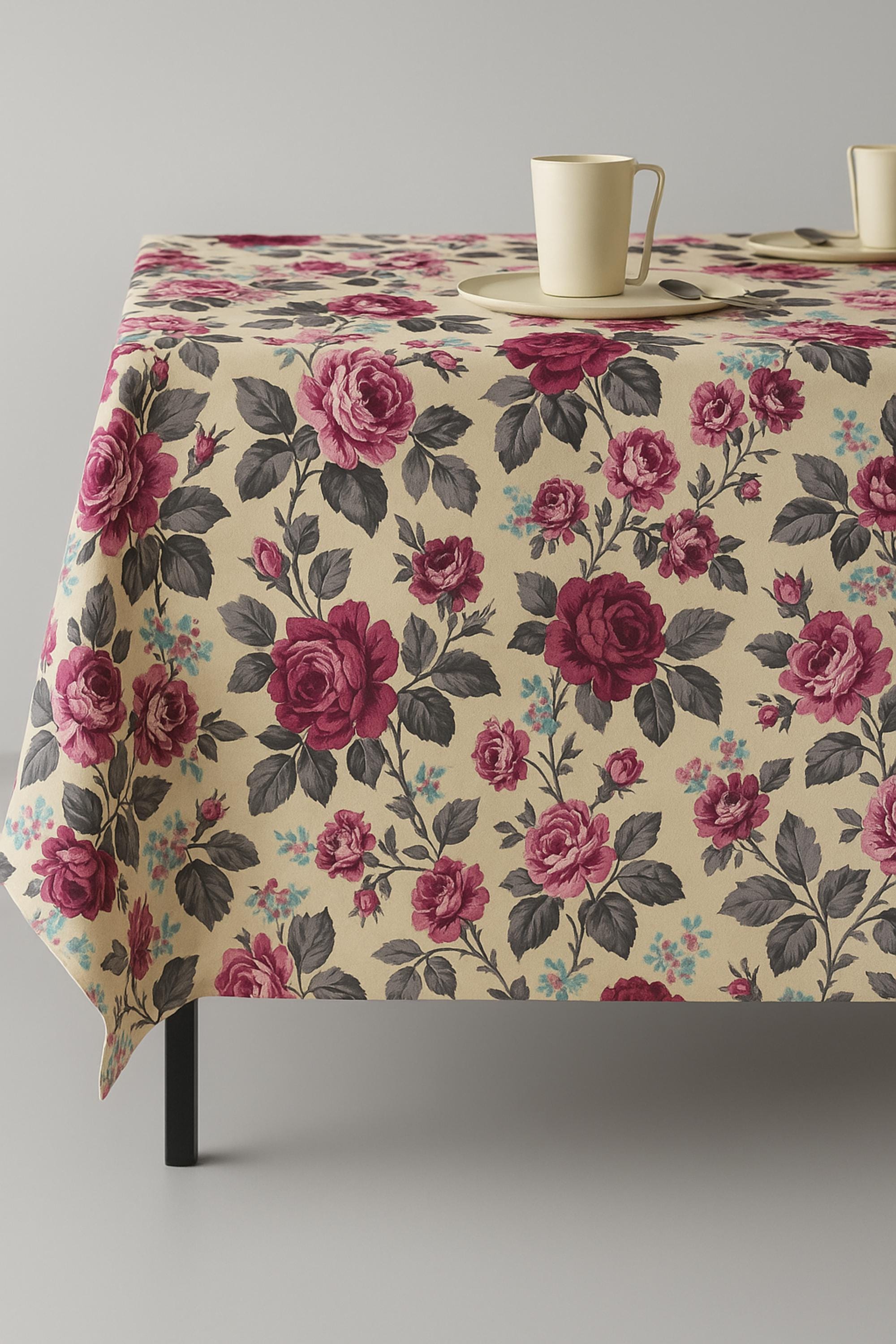 Floral Tablecloth, Lush Romance Rose Table Cover, Cotton Waterproof Table Cloth, Vintage Style Washable Tablecloth, Custom Size