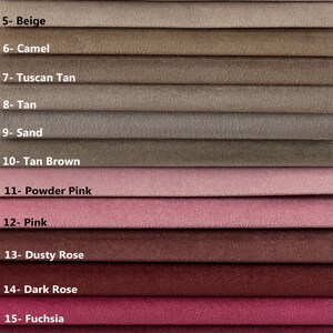 May include: Swatch card showing 21 different fabric colors, ranging from light beige to lilac. The colors are arranged in rows, with each row labeled with a number and a color name. The fabric swatches are all the same size and shape.