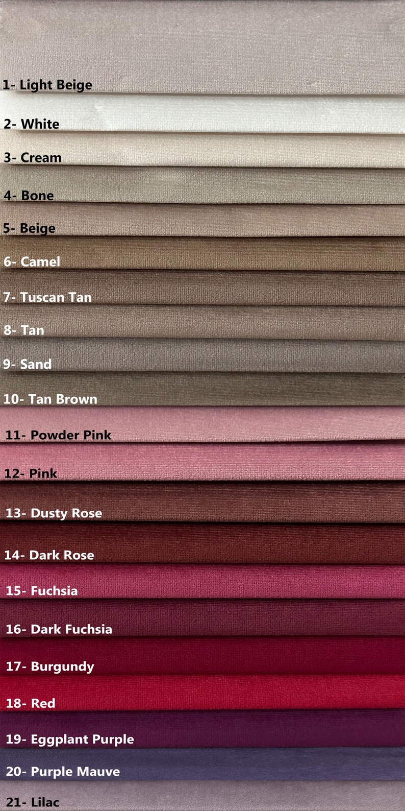 May include: Swatch card showing 21 different fabric colors, ranging from light beige to lilac. The colors are arranged in rows, with each row labeled with a number and a color name. The fabric swatches are all the same size and shape.