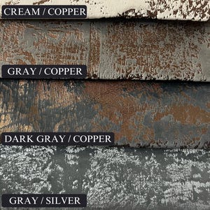 May include: Five fabric swatches in different colours and textures. The swatches are labelled "CREAM/COPPER", "GRAY/COPPER", "DARK GRAY/COPPER", "GRAY/SILVER", and "DARK NAVY/SILVER".
