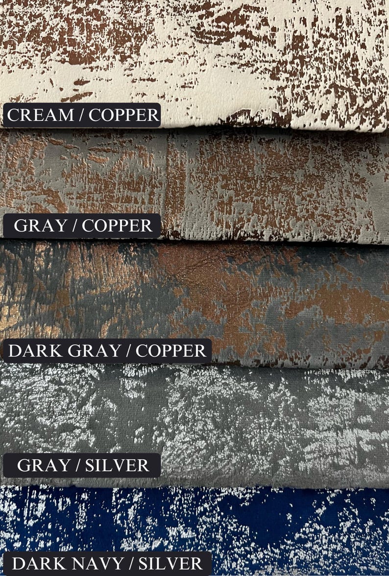 May include: Five fabric swatches in different colours and textures. The swatches are labelled "CREAM/COPPER", "GRAY/COPPER", "DARK GRAY/COPPER", "GRAY/SILVER", and "DARK NAVY/SILVER".