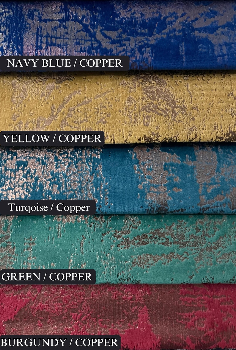 May include: Five fabric swatches with a textured, metallic finish. The swatches are arranged in a stack from top to bottom: navy blue, yellow, turquoise, green, and burgundy. Each swatch has the colour name and "Copper" written below it.