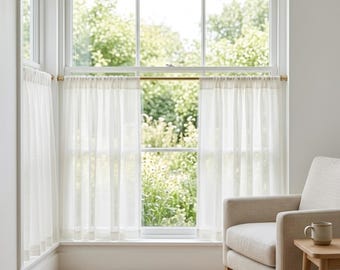Cortinas de lino transparente para café, paneles cortos de ventana estilo campestre francés bohemio que filtran la luz, cortinas escalonadas personalizadas para cocina y baño.