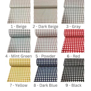 May include: Nine fabric swatches in different colors and patterns. The swatches are all gingham, with white squares and colored squares. The colors are beige, dark beige, gray, mint green, powder, red, yellow, dark blue, and black.