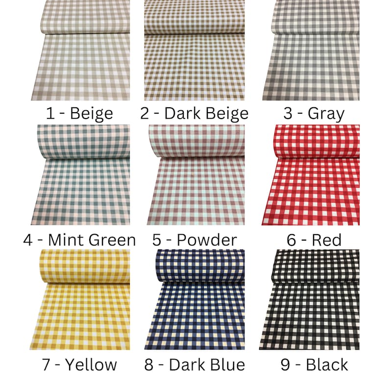 May include: Nine fabric swatches in different colors and patterns. The swatches are all gingham, with white squares and colored squares. The colors are beige, dark beige, gray, mint green, powder, red, yellow, dark blue, and black.