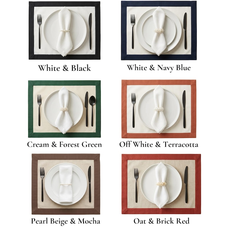 4x Cotton Linen Placemat Set | Two Tone Border | Rectangle Round Oval ...