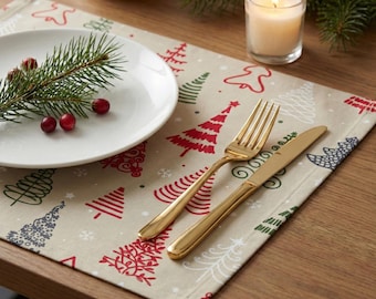 4x Set Beige Christmas Placemats, Holiday Table Setting, Festive Xmas Table Decor