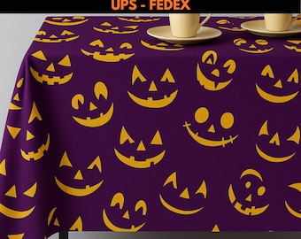 Mantel de Halloween, mantel de calabaza morada, tela con certificación OEKO-TEX®, decoración de comedor otoñal, mantel a medida