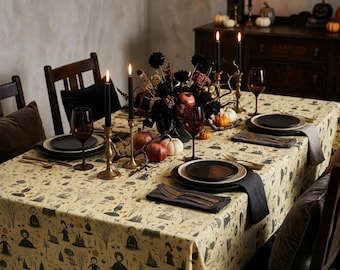 Halloween Witch Toile Tablecloth, Gothic Pumpkin Table Cover, Custom Size
