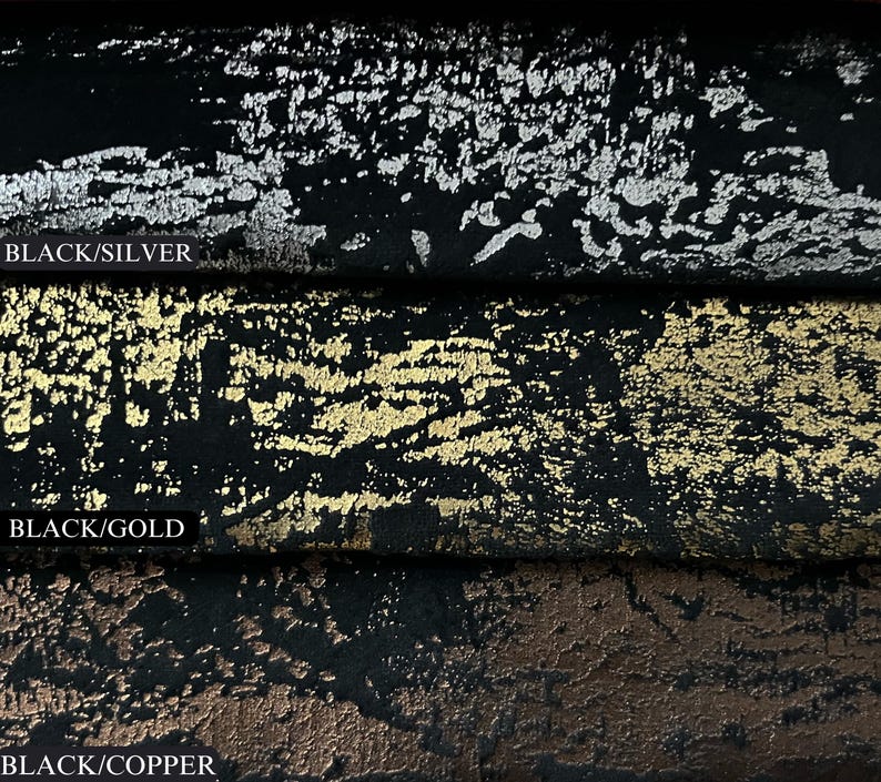 May include: Close-up of three fabric swatches with a black base and different metallic finishes: silver, gold, and copper. The swatches are labelled "BLACK/SILVER", "BLACK/GOLD", and "BLACK/COPPER".