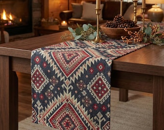 Puede incluir: Camino de mesa azul oscuro con un patrón geométrico en rojo, beige y blanco. El camino de mesa está colocado sobre una mesa de madera oscura, con velas, piñas y elementos decorativos.