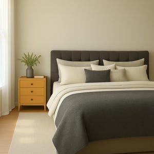 Könnte beinhalten: Schlafzimmer mit einem Bett mit einer dunkelgrauen, strukturierten Decke und einem grauen, getufteten Kopfteil. Das Bett ist mit cremefarbenen Laken und Kissen ausgestattet. Ein Nachttisch aus Holz mit drei Schubladen und einer Vase mit Grün steht neben dem Bett.