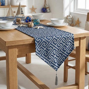 Greek Key Table Runner Navy Blue Velvet | Luxury Dining Decor Modern Elegant Home