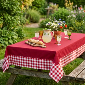 Custom Tablecloth with Gingham Border | Cotton & Waterproof Tablecloth | Farmhouse Picnic Outdoor Tablecloth | Custom Size
