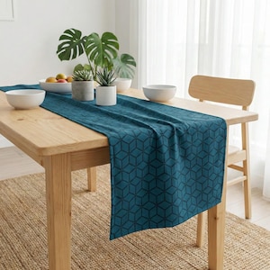 Camino de mesa de terciopelo premium, cubo geométrico azul marino, tamaño personalizado, 14 colores, lavable a máquina, decoración moderna para comedor, centro de mesa para boda.
