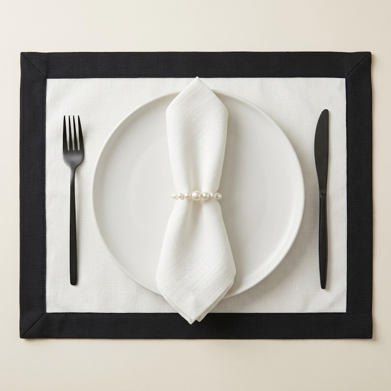 4x Cotton Linen Placemat Set | Two Tone Border | Rectangle Round Oval ...