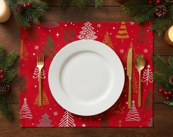 4x Set Red Christmas Placemats, Holiday Table Setting, Festive Xmas Table Decor