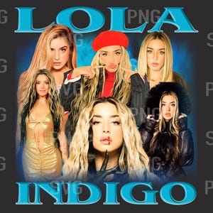 Può includere: Un design grafico con il testo "LOLA INDIGO" in lettere blu su sfondo nero. L'immagine presenta cinque donne con i capelli lunghi, che indossano abiti diversi. Le donne sono posizionate in gruppo, con i loro volti visibili.