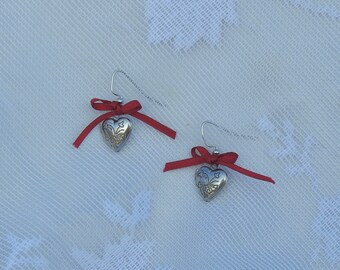 Silver Heart Locket Earrings | Handmade Red Ribbon Heart Charm Earrings | Red Bow Dangle Earrings | Vintage Inspired Locket Earrings |
