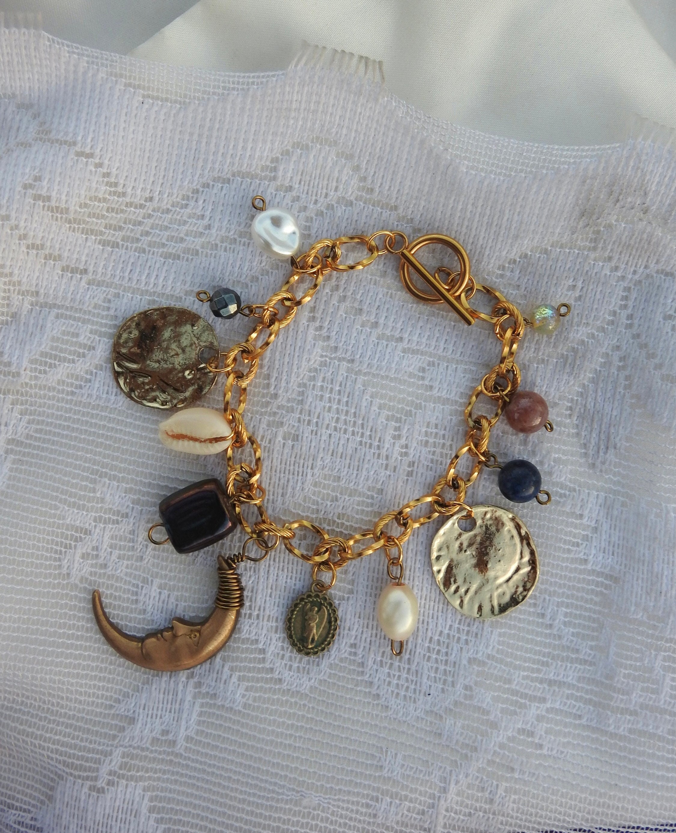 Handmade Vintage Gold Charm Chain Bracelet | Seashell Moon Charm Pearls | Yellow Ivory Mercury Finish Raku Bead | Crushed Gold Pendants
