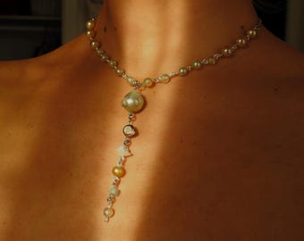 Handmade Vintage Pearl Charm Necklace | Yellow Ivory Mercury Beaded Silver Necklace