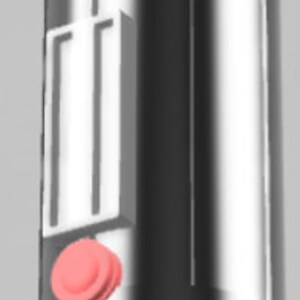 May include: A silver cylindrical container with a red button and a rectangular window on the side. The container has a rounded top and bottom.
