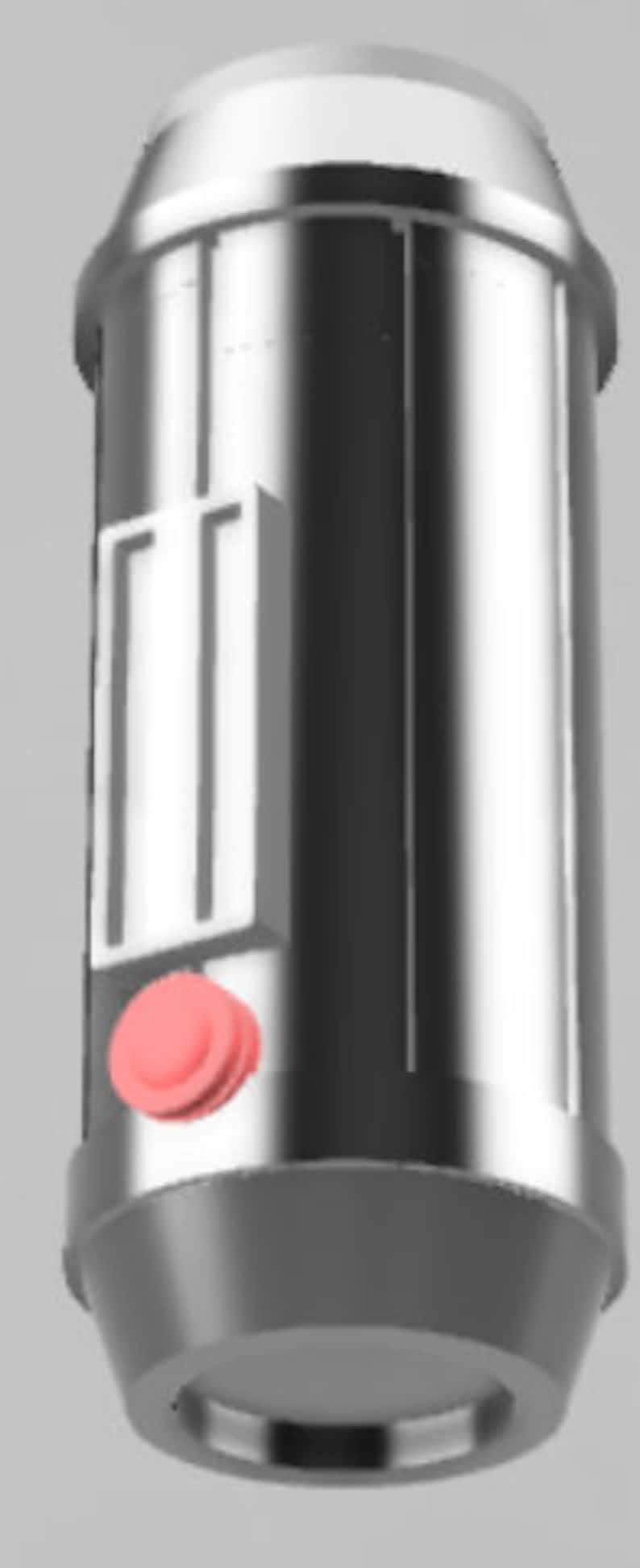 May include: A silver cylindrical container with a red button and a rectangular window on the side. The container has a rounded top and bottom.
