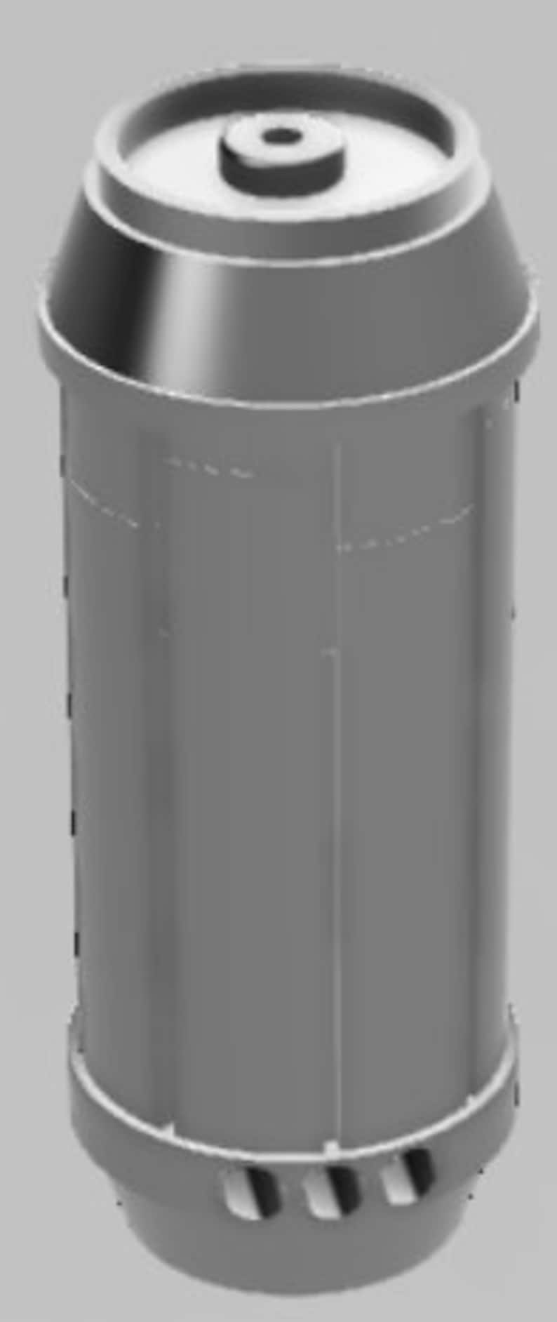 May include: A gray metal cylinder with a smooth, rounded top and a textured bottom. The cylinder has a series of vertical lines running down its side.