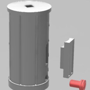 May include: A disassembled gray plastic container with a red plastic cap. The container has a cylindrical shape with a flat top and bottom. The cap is a small, round piece with a hole in the center.