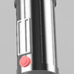 May include: A silver cylindrical device with a red button and a rectangular window. The device has a rounded top and bottom.
