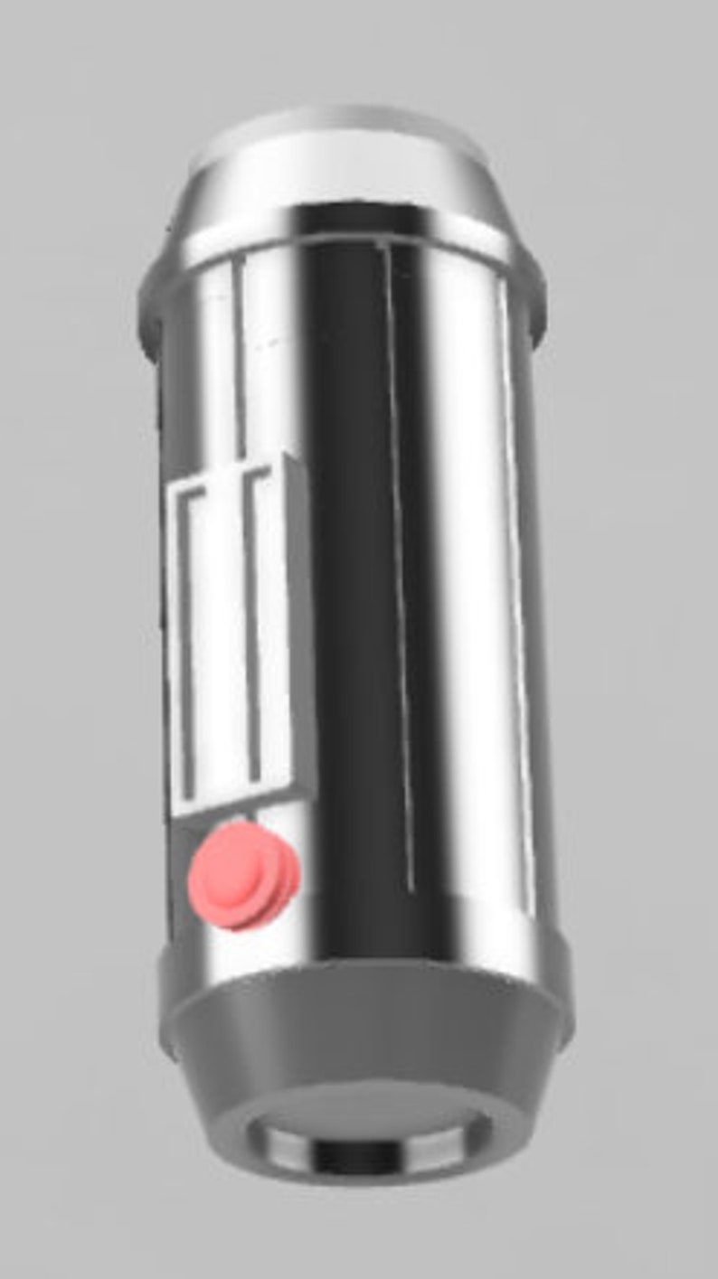May include: A silver cylindrical device with a red button and a rectangular window. The device has a rounded top and bottom.