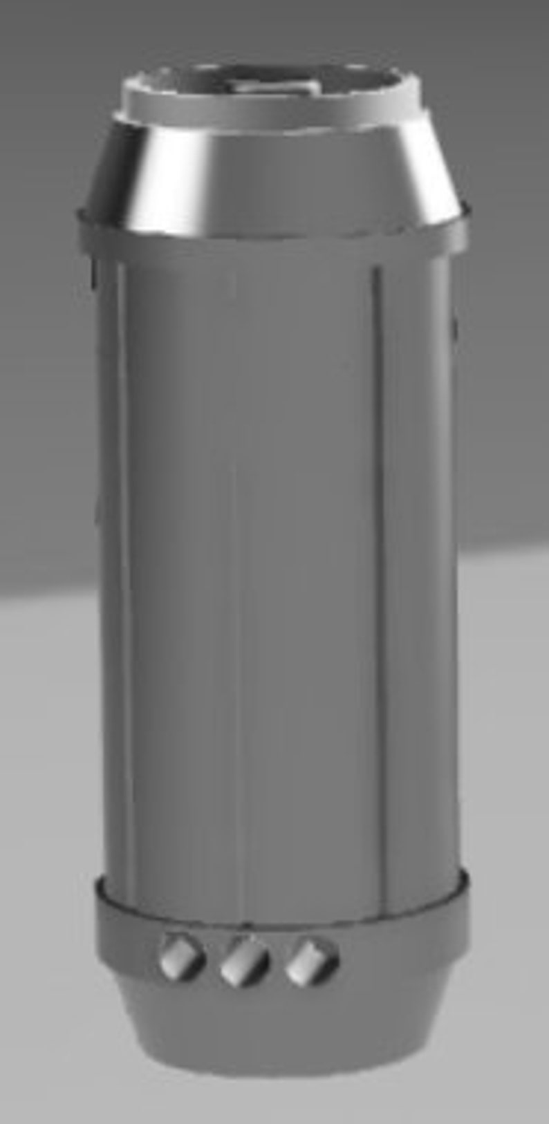 May include: A gray metal cylinder with a smooth, rounded top and bottom. The cylinder has three small holes on the bottom.