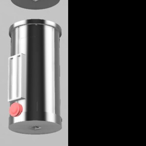 May include: A disassembled silver metal grinder with a red button and a white label. The grinder has a top and bottom piece that screw onto the main body.