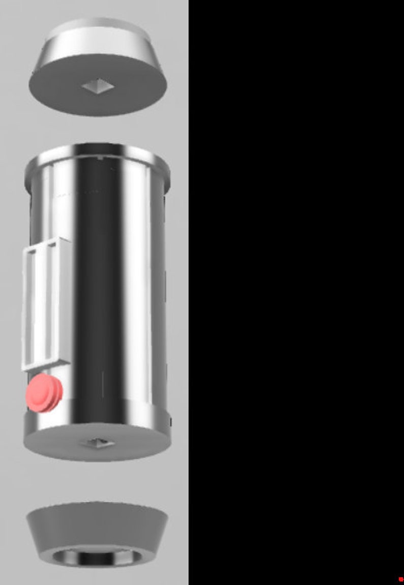 May include: A disassembled silver metal grinder with a red button and a white label. The grinder has a top and bottom piece that screw onto the main body.