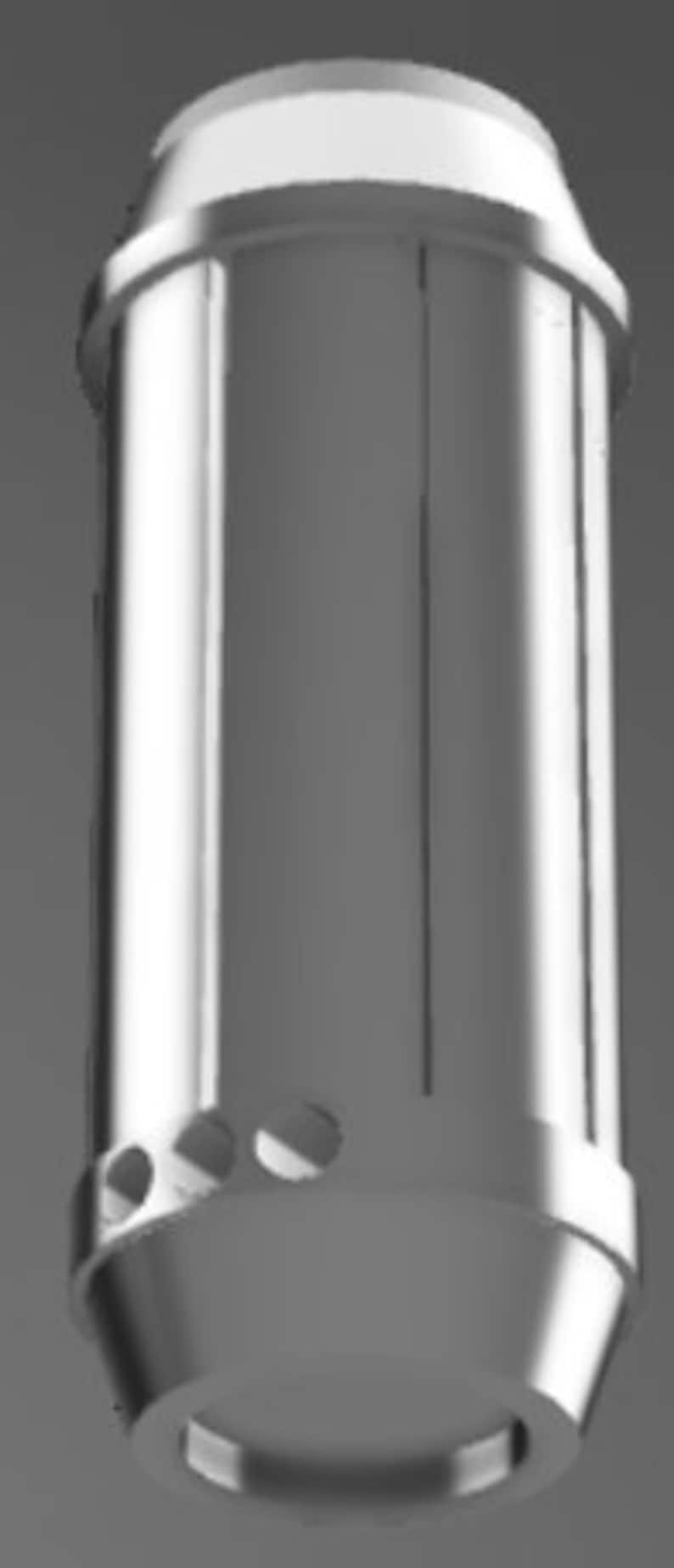 May include: A silver metal cylinder with a rounded top and bottom. The cylinder has two small holes on the side.