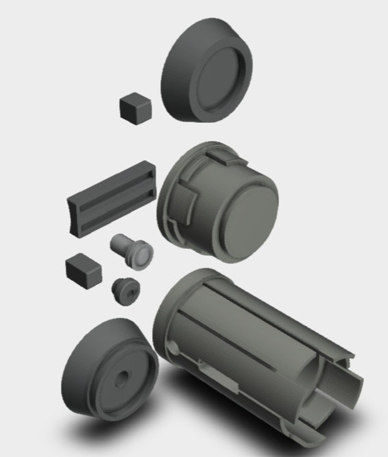 May include: A disassembled set of gray plastic parts for a 3D printed model. The parts include a cylinder, a round cap, a square block, and a rectangular piece.