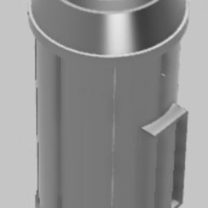 May include: A gray metal container with a red button and a handle. The container has a round top and a cylindrical body.
