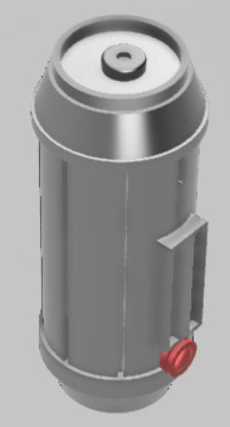 May include: A gray metal container with a red button and a handle. The container has a round top and a cylindrical body.