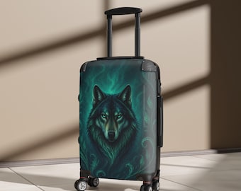 Maleta con ilustración de lobo místico / Maleta con estampado de lobo turquesa