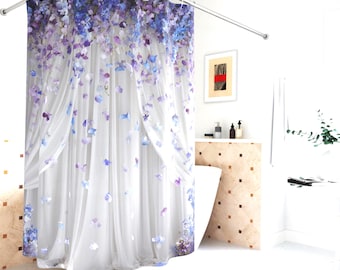 Cortina de ducha con pétalos de lavanda cayendo / Decoración floral transparente para baño