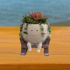 Puede incluir: Una maceta de cerámica blanquecina caprichosa con forma de persona, sentada en una silla de madera en miniatura. La maceta presenta una cara sonriente y está adornada con un collar de cuentas. Contiene una planta suculenta de color rojizo-rosado, rodeada de musgo verde.