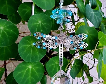 Custom made suncatcher, colors to choose, 16&quot; wand with metal dragonfly adorned with your choice of color rhinestones, octagons and beads.