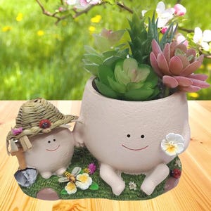 Cute Head Planter with Smiley Face decorated with dry flowers a one bee and 2 ladybug or original w/ no decor. Birthday gift. wedding gift.