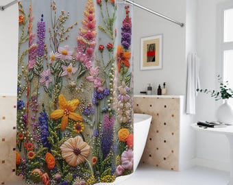 Faux Garden Embroidery #4 Shower Curtains, Wildflowers shower curtain, Floral Aesthetic shower curtain,  Botanical Bathroom Decoration.