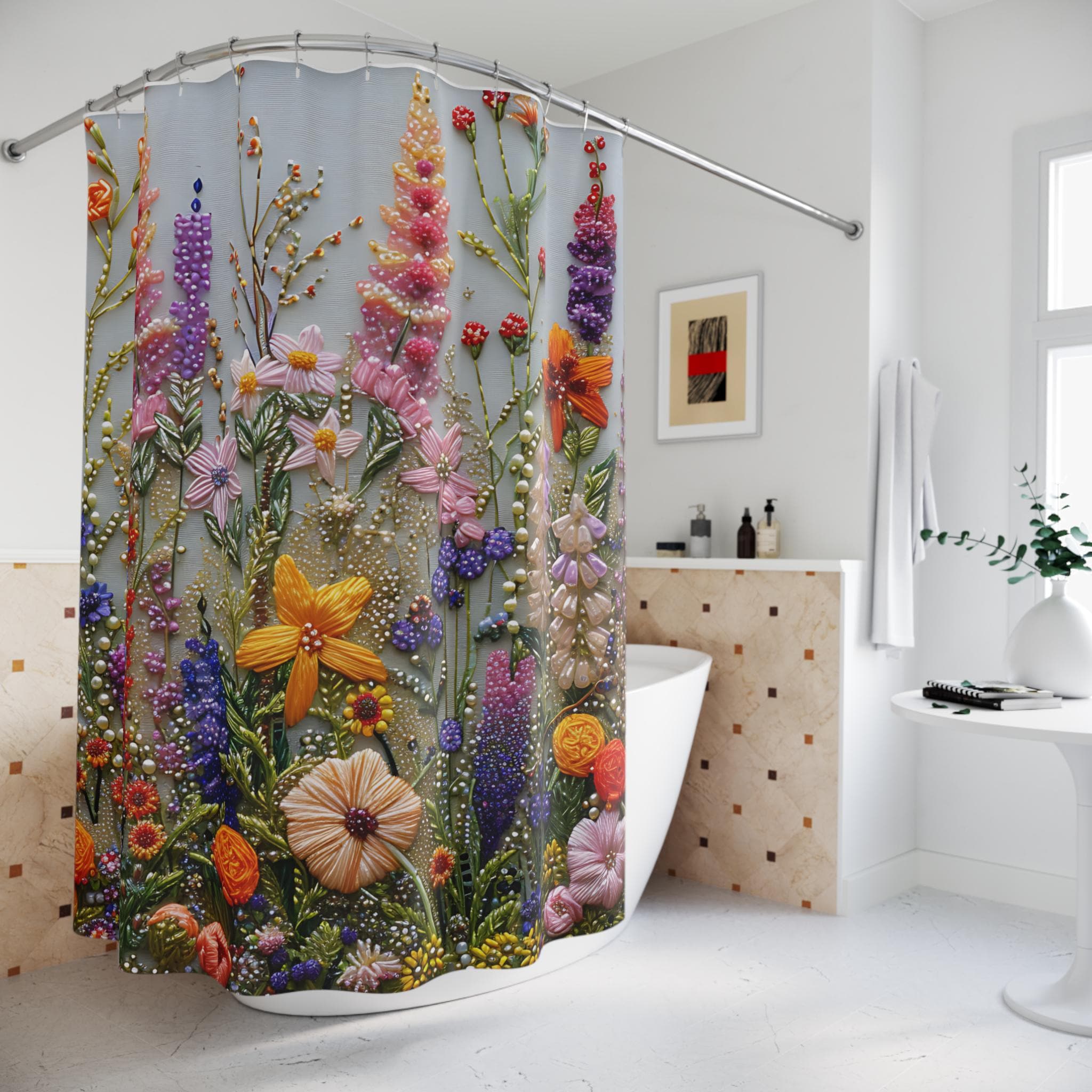 Faux Garden Embroidery Shower Curtain, Wildflower Botanical Bathroom